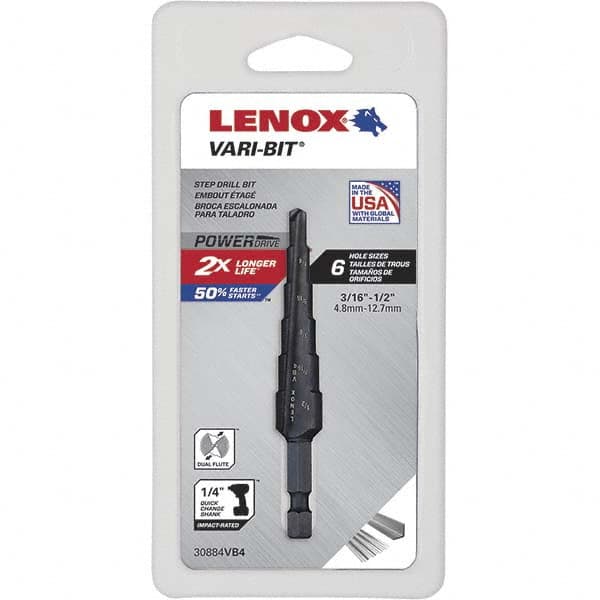 Lenox - 6 Hole Sizes, 3/16 to 1/2" Hole Diam High Speed Steel Split Point Step Drill Bit - Benchmark Tooling