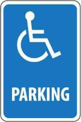 NMC - "Parking", "Handicapped Symbol", 12" Wide x 18" High, Aluminum ADA Signs - 0.063" Thick, White on Blue, Rectangle, Post Mount - Benchmark Tooling