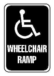 NMC - "Wheelchair Ramp", "Handicap Symbol", 12" Wide x 6" High, Aluminum ADA Signs - 0.063" Thick, Blue on White, Rectangle, Post Mount - Benchmark Tooling