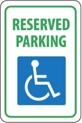 NMC - "Reserved Parking", "Handicapped Symbol", 12" Wide x 18" High, Aluminum ADA Signs - 0.063" Thick, Green & Blue on White, Rectangle, Post Mount - Benchmark Tooling