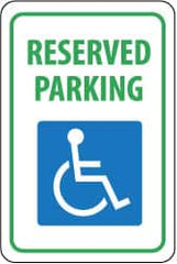 NMC - "Reserved Parking", "Handicapped Symbol", 12" Wide x 18" High, Aluminum ADA Signs - 0.063" Thick, Green & Blue on White, Rectangle, Post Mount - Benchmark Tooling