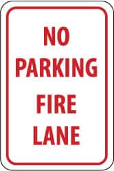 NMC - "No Parking - Fire Lane", 12" Wide x 18" High, Aluminum Fire Lane Signs - 0.063" Thick, Red on White, Rectangle, Post Mount - Benchmark Tooling