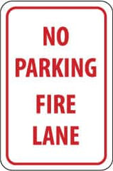NMC - "No Parking - Fire Lane", 12" Wide x 18" High, Aluminum Fire Lane Signs - 0.063" Thick, Red on White, Rectangle, Post Mount - Benchmark Tooling