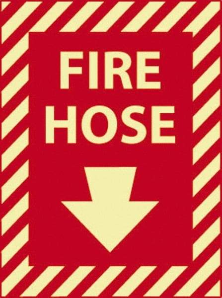 NMC - Fire Hose, Pressure Sensitive Vinyl Fire Sign - 9" Wide x 12" High, Glow-in-the-Dark - Benchmark Tooling