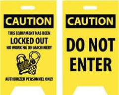 NMC - Caution - Do Not Enter, Caution - This Equipment Has Been Locked Out, No Working on Machinery - Authorized Personnel Only, 12" Wide x 19" High, Plastic Floor Sign - A-Frame, Black on Yellow, For Security & Admittance - Benchmark Tooling