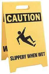 NMC - Caution - Wet Floor, Caution - Slippery When Wet, 12" Wide x 19" High, Plastic Floor Sign - A-Frame, Black on Yellow, For Restroom, Janitorial & Housekeeping - Benchmark Tooling