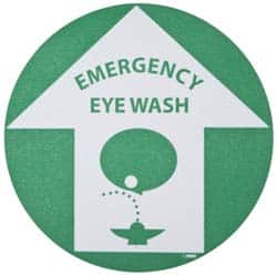 NMC - Emergency Eye Wash, Anti-Skid Pressure-Sensitive Vinyl Floor Sign - Round, Green on White, Adhesive Backed, For First Aid - Benchmark Tooling