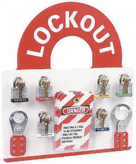 NMC - 10 Piece, Equipped Plexiglass Tag and Padlock / Hasp Station - 14 Inch Wide x 15-1/2 Inch High, White and White on Red - Benchmark Tooling