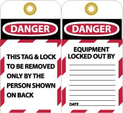 NMC - 3" High x 6" Long, DANGER - THIS TAG & LOCK TO BE REMOVED ONLY BY THE PERSON SHOWN ON BACK, English Safety & Facility Lockout Tag - Tag Header: Danger, 2 Sides, Black, Red & White Unrippable Vinyl - Benchmark Tooling
