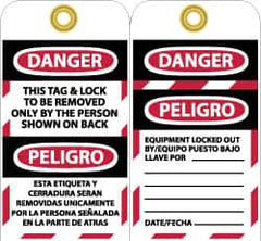 NMC - 3" High x 6" Long, DANGER - THIS TAG & LOCK TO BE REMOVED ONLY BY THE PERSON SHOWN ON BACK, English & Spanish Safety & Facility Lockout Tag - Tag Header: Danger, 2 Sides, Black, Red & White Unrippable Vinyl - Benchmark Tooling