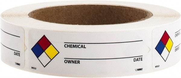 NMC - Hazardous Materials Label - Legend: Chemical ___ - Owner ___ - Date ___, English, Black, Blue, Red, Yellow & White, 3" Long x 1" High, Sign Muscle Finish - Benchmark Tooling