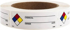 NMC - Hazardous Materials Label - Legend: Chemical ___ - Owner ___ - Date ___, English, Black, Blue, Red, Yellow & White, 3" Long x 1" High, Sign Muscle Finish - Benchmark Tooling