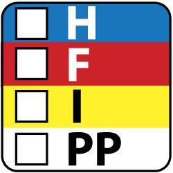 NMC - Hazardous Materials Label - Legend: H - F - I - PP, English, Black, Blue, Red, Yellow & White, 1" Long x 1" High, Sign Muscle Finish - Benchmark Tooling