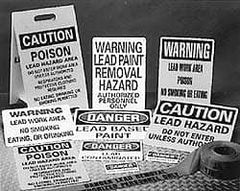 NMC - Caution - Poison - Lead Hazard Area - Do Not Enter Work Area Unless Authorized - Respirator and Protective Clothing..., 12" Wide x 19" High, Plastic Floor Sign - A-Frame, Black on Yellow, For Accident Prevention - Benchmark Tooling