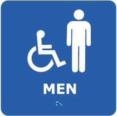 NMC - Men, 8" Wide x 8" High, Plastic Sign - English, Braille, White on Blue, Wall Mount - Benchmark Tooling