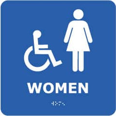 NMC - Women, 8" Wide x 8" High, Plastic Sign - English, Braille, White on Blue, Wall Mount - Benchmark Tooling