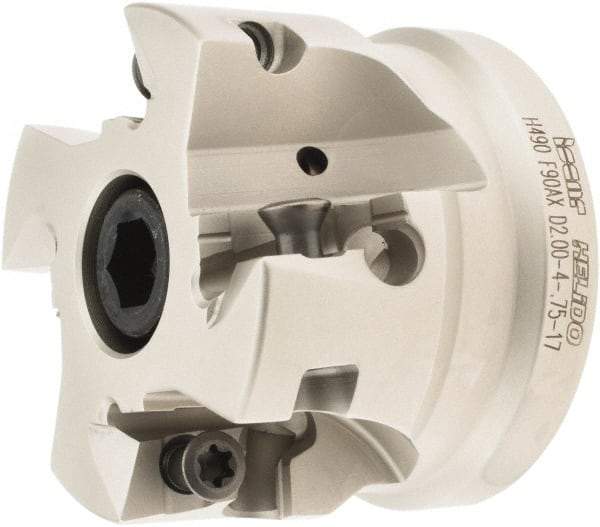 Iscar - 4 Inserts, 2" Cut Diam, 3/4" Arbor Diam, 0.642" Max Depth of Cut, Indexable Square-Shoulder Face Mill - 0/90° Lead Angle, 1.57" High, H490 AN.X 1706 Insert Compatibility, Through Coolant, Series Helido - Benchmark Tooling