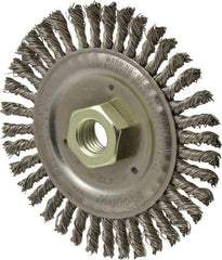 Weiler - 4-1/2" OD, 5/8" Arbor Hole, Knotted Stainless Steel Wheel Brush - 3/16" Face Width, 7/8" Trim Length, 0.02" Filament Diam, 12,500 RPM - Benchmark Tooling