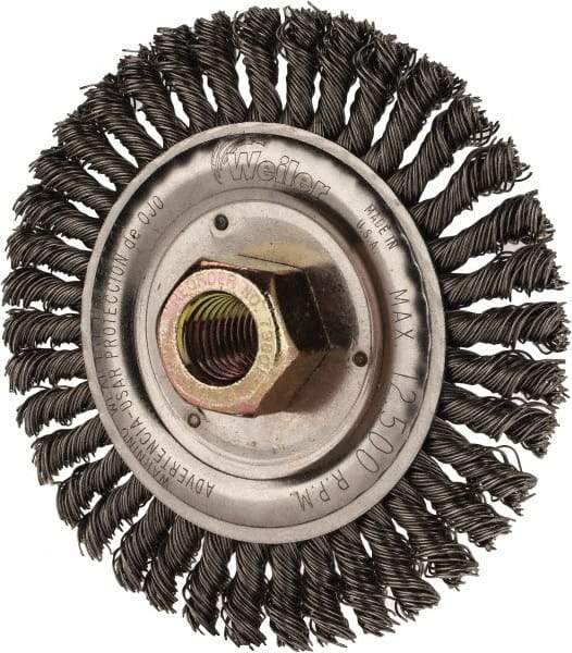 Weiler - 4-1/2" OD, 5/8" Arbor Hole, Stringer Bead Steel Wheel Brush - 3/16" Face Width, 13/16" Trim Length, 0.02" Filament Diam, 15,000 RPM - Benchmark Tooling