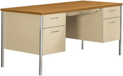 Hon - Woodgrain Laminate/Metal Double Pedestal Desk with Center Drawer - 62-3/4, 60" Wide x 30" Deep x 22-1/2, 29" High, Harvest/Putty - Benchmark Tooling