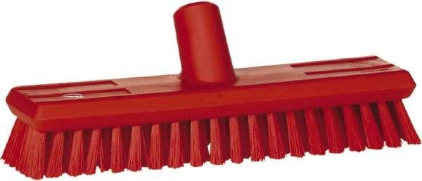 Vikan - 1.3" Bristle Length, Polyester Scrub Brush - 10-3/4" Long x 2-1/2" Wide Head, 11" OAL, European Threaded Handle, Red, Polypropylene Block - Benchmark Tooling