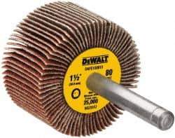 DeWALT - 1-1/2" Diam x 1" Face Width, Medium Aluminum Oxide Coated Mounted Flap Wheel - 1/4" Shank Mount, 80 Grit, Cloth Backing, 25,000 Max RPM - Benchmark Tooling