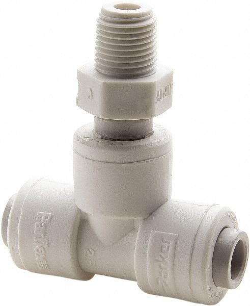 Parker - 1/2" Outside Diam, 3/8 NPTF, Polypropylene Push-to-Connect Tube Male Swivel Branch Tee - 150 Max psi, White - Benchmark Tooling