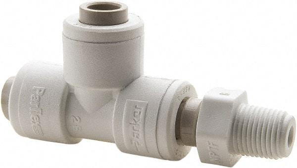 Parker - 1/2" Outside Diam, 3/8 NPTF, Polypropylene Push-to-Connect Tube Male Swivel Run Tee - 150 Max psi, White - Benchmark Tooling
