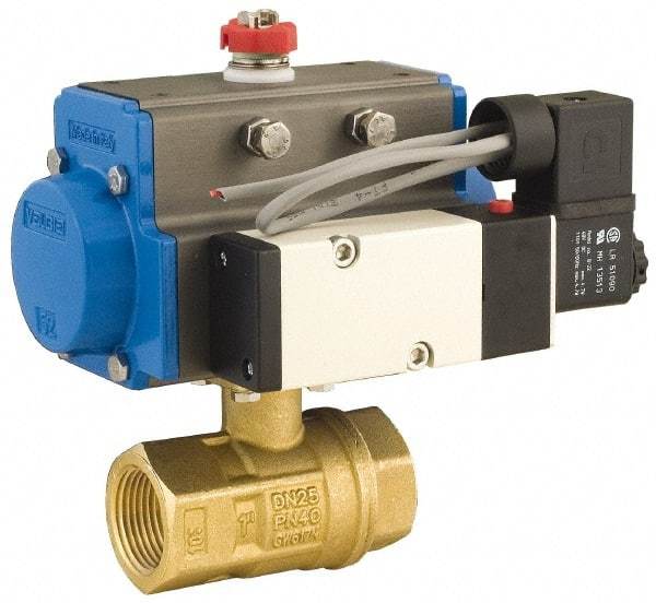 BONOMI - 1/2" Pipe, 600 psi WOG Rating Brass Pneumatic Spring Return with Solenoid Actuated Ball Valve - PTFE Seal, Full Port, 150 psi WSP Rating, NPT End Connection - Benchmark Tooling