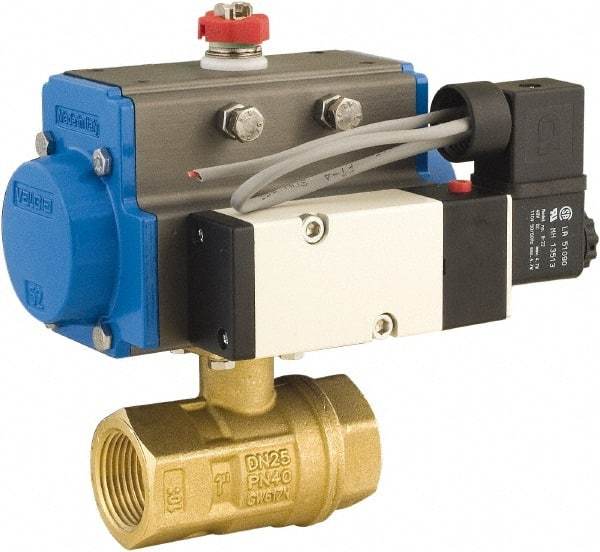 BONOMI - 3/8" Pipe, 600 psi WOG Rating Brass Pneumatic Double Acting with Solenoid Actuated Ball Valve - PTFE Seal, Full Port, 150 psi WSP Rating, NPT End Connection - Benchmark Tooling