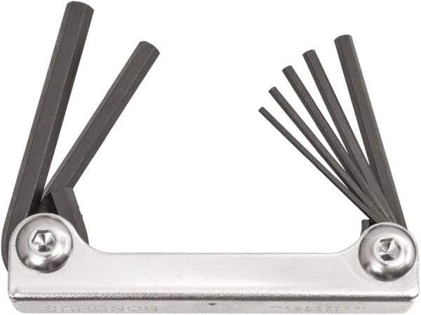 Bondhus - 7 Piece Fold-Up Ball End Hex Key Set - Hex Range 2 to 8mm, 6.63" OAL, Protanium High Torque Steel - Benchmark Tooling