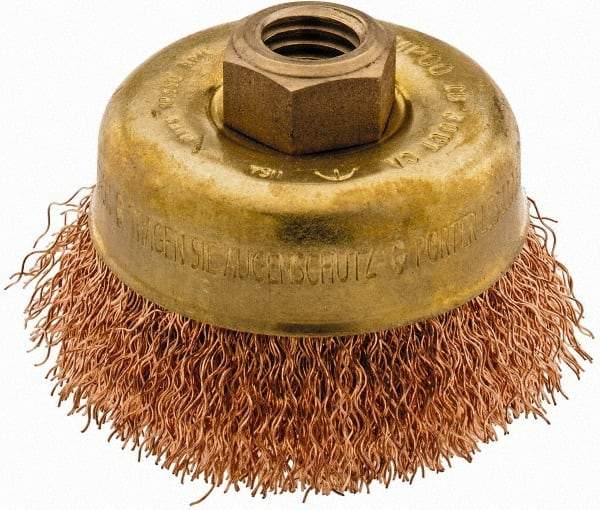 Ampco - 3" Diam, 5/8-11 Threaded Arbor, Bronze Phosphorus Fill Cup Brush - 0.014 Wire Diam, 0.88" Trim Length, 12,500 Max RPM - Benchmark Tooling