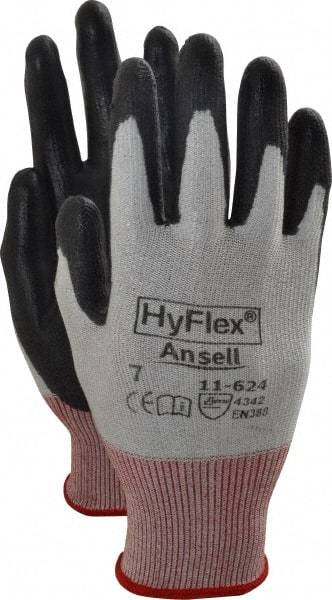 Ansell - Size S (7), ANSI Cut Lvl 2, Abrasion Lvl 5, Polyurethane Coated Cut Resistant Gloves - Palm & Fingers Coated, Dyneema/Lycra Lining, Knit Wrist, White/Black, Paired - Benchmark Tooling