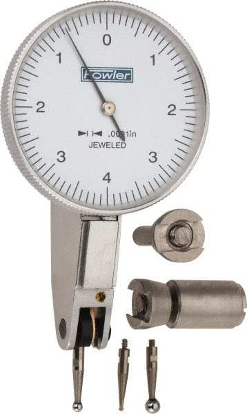 Fowler - 0.008 Inch Range, 0.0001 Inch Dial Graduation, Horizontal Dial Test Indicator - 1-1/2 Inch White Dial, 0-4-0 Dial Reading - Benchmark Tooling