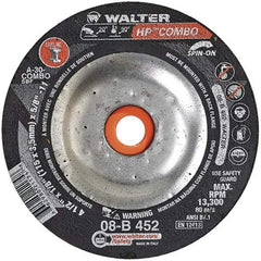 WALTER Surface Technologies - 30 Grit, 4-1/2" Wheel Diam, 1/8" Wheel Thickness, Type 27 Depressed Center Wheel - Aluminum Oxide, 13,300 Max RPM - Benchmark Tooling