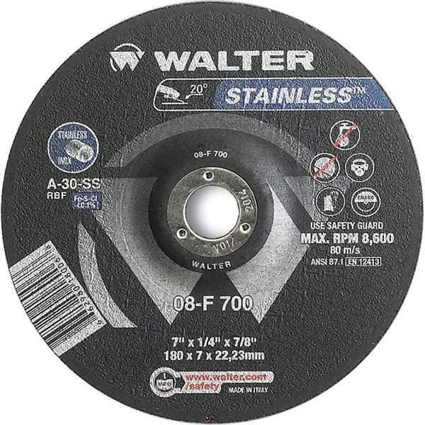 WALTER Surface Technologies - 30 Grit, 7" Wheel Diam, 1/4" Wheel Thickness, 7/8" Arbor Hole, Type 27 Depressed Center Wheel - Aluminum Oxide, Resinoid Bond, 8,600 Max RPM - Benchmark Tooling
