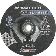 WALTER Surface Technologies - 30 Grit, 7" Wheel Diam, 1/4" Wheel Thickness, 7/8" Arbor Hole, Type 27 Depressed Center Wheel - Aluminum Oxide, Resinoid Bond, 8,600 Max RPM - Benchmark Tooling
