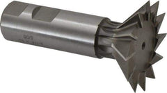 Made in USA - 2-1/4" Diam x 11/16" Width of Cut, 45° Included Angle, Cobalt Dovetail Cutter - 1" Shank Diam, 3-1/16" Shank Length, 3-3/4" Overall Length, Weldon Flat, Uncoated - Benchmark Tooling