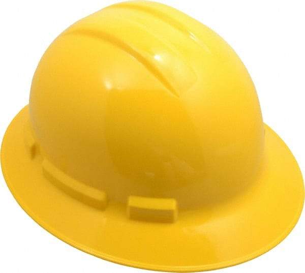 PRO-SAFE - ANSI Type I, Class E & G Rated, 6-Point, Ratchet Adjustment Hard Hat - Size 6-1/2 to 8, Yellow, Full Brim - Benchmark Tooling