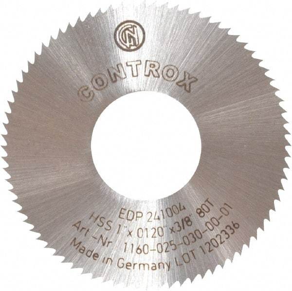 Controx - 1" Diam x 0.012" Blade Thickness x 3/8" Arbor Hole Diam, 80 Tooth Slitting and Slotting Saw - Arbor Connection, Right Hand, Uncoated, High Speed Steel, Concave Ground - Benchmark Tooling