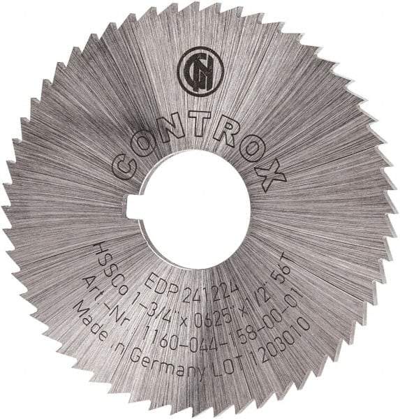 Controx - 1-3/4" Diam x 1/16" Blade Thickness x 1/2" Arbor Hole Diam, 56 Tooth Slitting and Slotting Saw - Arbor Connection, Right Hand, Uncoated, Cobalt, Concave Ground, Contains Keyway - Benchmark Tooling