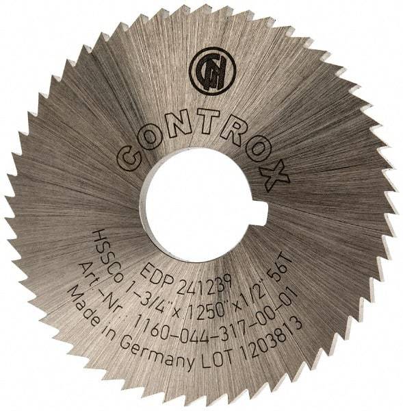 Controx - 1-3/4" Diam x 1/8" Blade Thickness x 1/2" Arbor Hole Diam, 56 Tooth Slitting and Slotting Saw - Arbor Connection, Right Hand, Uncoated, Cobalt, Concave Ground, Contains Keyway - Benchmark Tooling