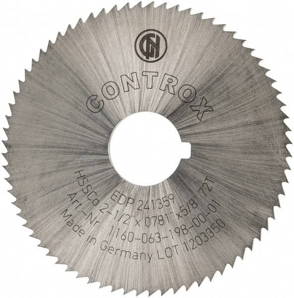 Controx - 2-1/2" Diam x 0.0781" Blade Thickness x 5/8" Arbor Hole Diam, 72 Tooth Slitting and Slotting Saw - Arbor Connection, Right Hand, Uncoated, Cobalt, Concave Ground, Contains Keyway - Benchmark Tooling