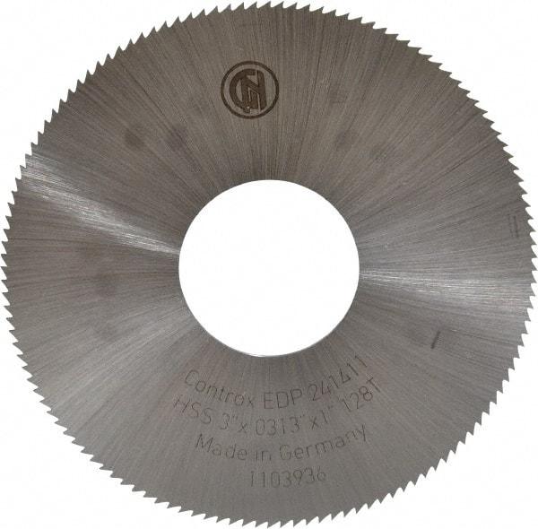 Controx - 3" Diam x 0.0313" Blade Thickness x 1" Arbor Hole Diam, 128 Tooth Slitting & Slotting Saw - Arbor Connection, Right Hand, Uncoated, M2 High Speed Steel, Concave Ground - Benchmark Tooling