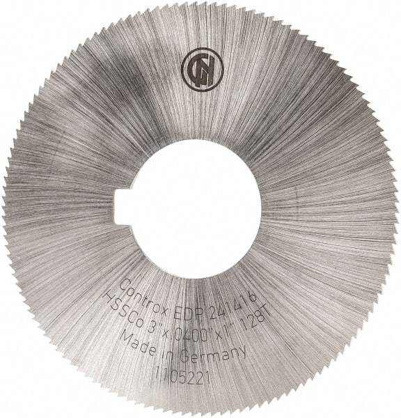 Controx - 3" Diam x 0.04" Blade Thickness x 1" Arbor Hole Diam, 128 Tooth Slitting and Slotting Saw - Arbor Connection, Right Hand, Uncoated, Cobalt, Concave Ground, Contains Keyway - Benchmark Tooling