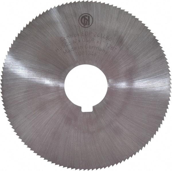 Controx - 4" Diam x 0.0469" Blade Thickness x 1" Arbor Hole Diam, 128 Tooth Slitting and Slotting Saw - Arbor Connection, Right Hand, Uncoated, Cobalt, Concave Ground, Contains Keyway - Benchmark Tooling