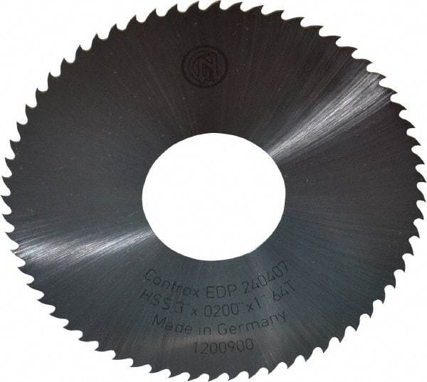 Controx - 3" Diam x 0.02" Blade Thickness x 1" Arbor Hole Diam, 64 Tooth Slitting and Slotting Saw - Arbor Connection, Right Hand, Uncoated, High Speed Steel, 15° Rake, Concave Ground - Benchmark Tooling