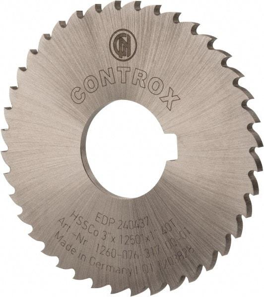 Controx - 3" Diam x 1/8" Blade Thickness x 1" Arbor Hole Diam, 40 Tooth Slitting and Slotting Saw - Arbor Connection, Right Hand, Uncoated, Cobalt, 15° Rake, Concave Ground, Contains Keyway - Benchmark Tooling