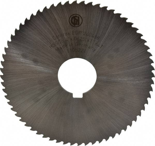 Controx - 4" Diam x 1/16" Blade Thickness x 1" Arbor Hole Diam, 64 Tooth Slitting and Slotting Saw - Arbor Connection, Right Hand, Uncoated, Cobalt, 15° Rake, Concave Ground, Contains Keyway - Benchmark Tooling