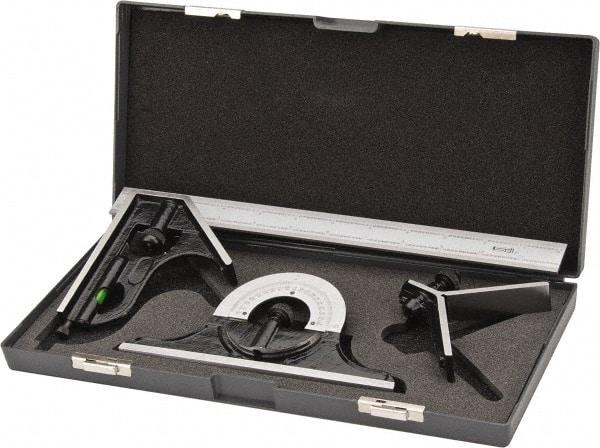 SPI - 4 Piece, 12" Combination Square Set - 1/100, 1/32, 1/50 & 1/64" (16R) Graduation, Hardened Steel Blade, Hardened Steel Center, Protractor & Square Head - Benchmark Tooling